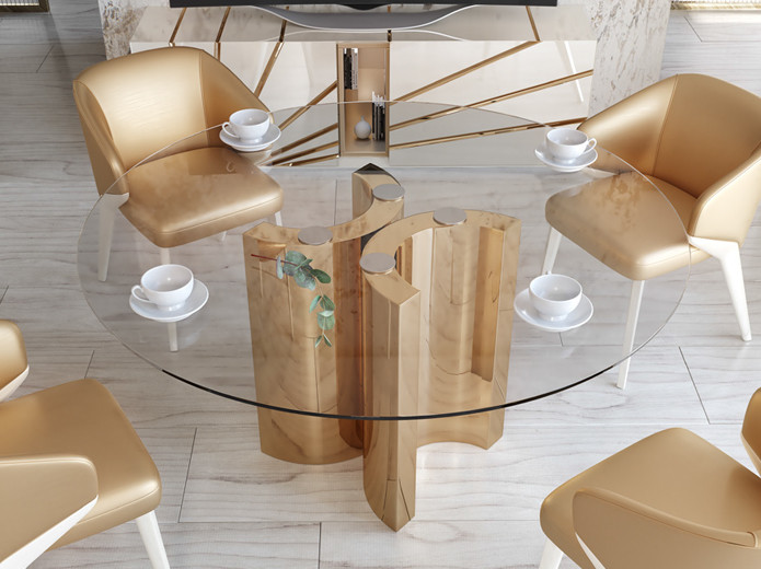 Mesa de centro redonda de cristal con marco de acero dorado, mesa