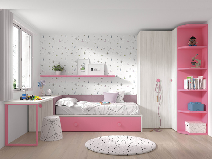 Dormitorio juvenil con dos camas en Madrid | Muebles Valencia® Acabado A  Gris Pizarra - RosKids Comple Acabado B Panacota - RosKids Comple