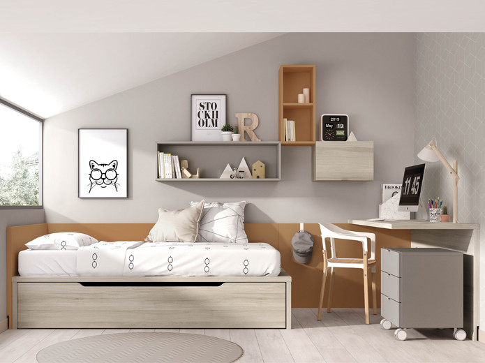 Dormitorio blanco con cajones, escritorio y armario - Liquidación