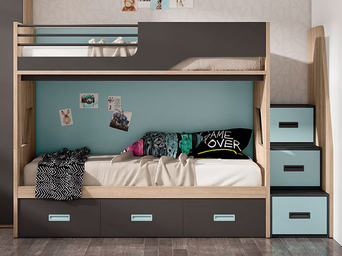 Dormitorio juvenil con litera en oferta  Muebles Valencia® Acabado A  Canela - Unicolor Sonrie Acabado B Rosa pastel - Unicolor Sonrie