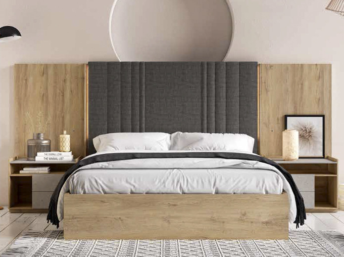 Dormitorio matrimonio blanco y gris cabecero y mesitas moderno-nordico
