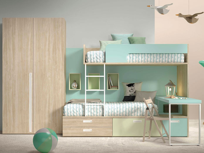 Dormitorio Juvenil cama tren con armario y cajones contenedores